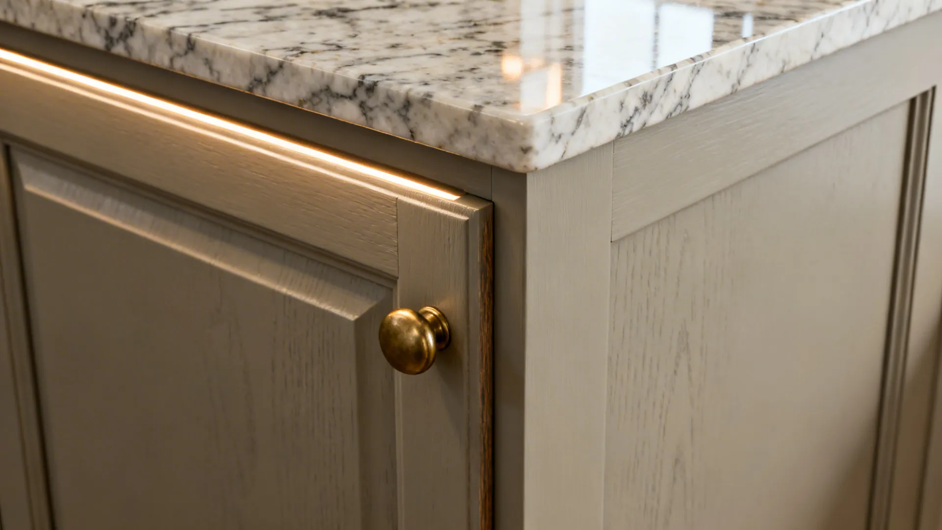 Macro of greige cabinet with brushed brass knob and veined quartz edge in soft light.
