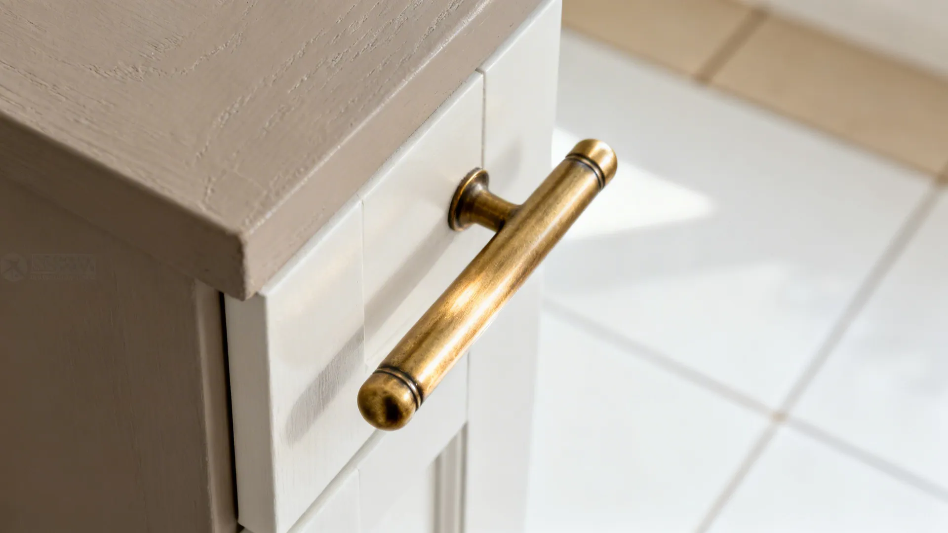 Close up of a brass handle on a white cabinet with a light brown top