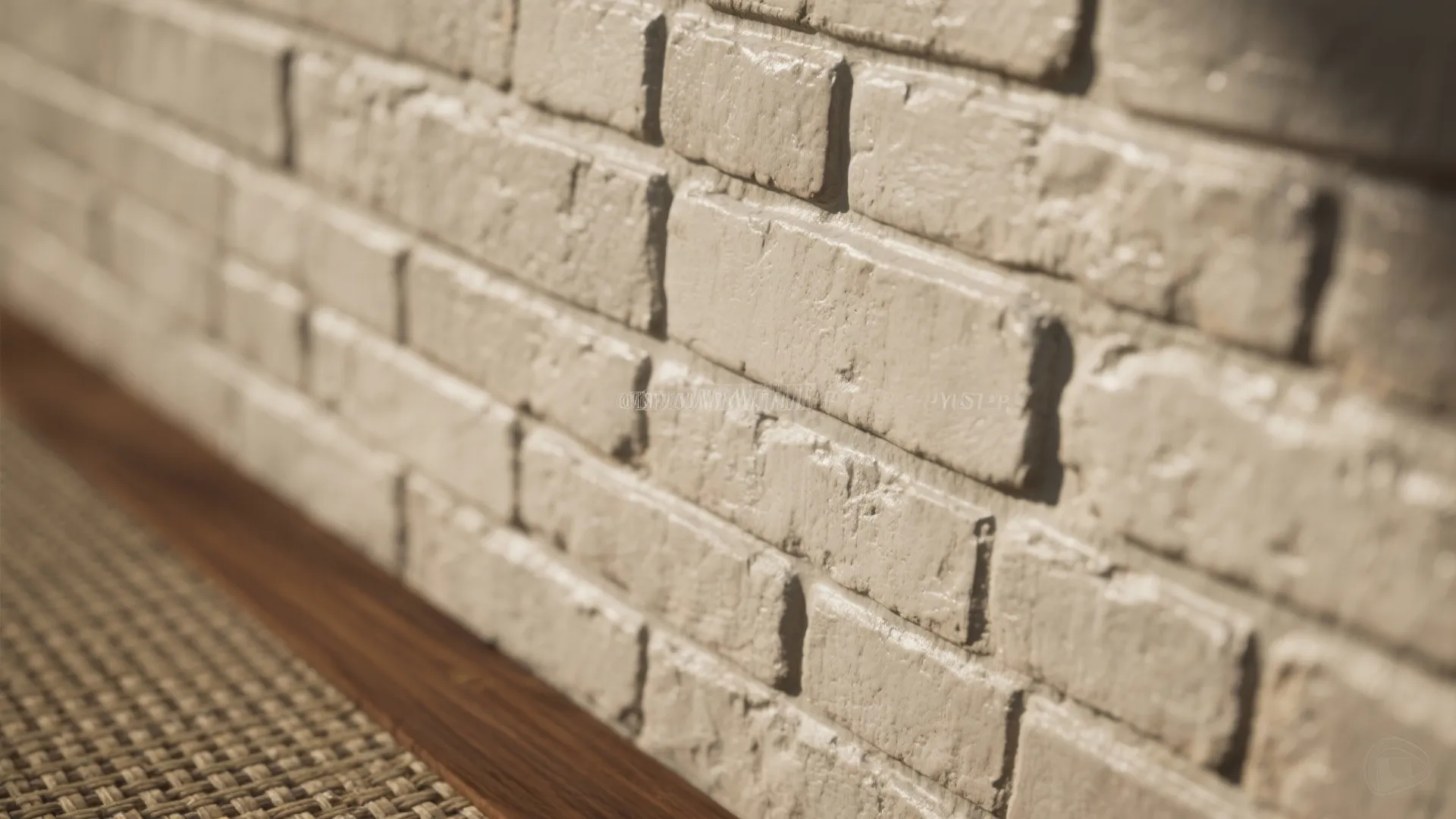 Close up view of a painted grey brick wall with wooden baseboard and textured rug