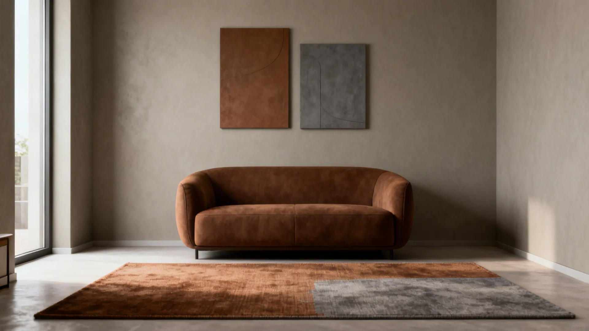 3. Grey walls, brown focal furniture — anchor with art