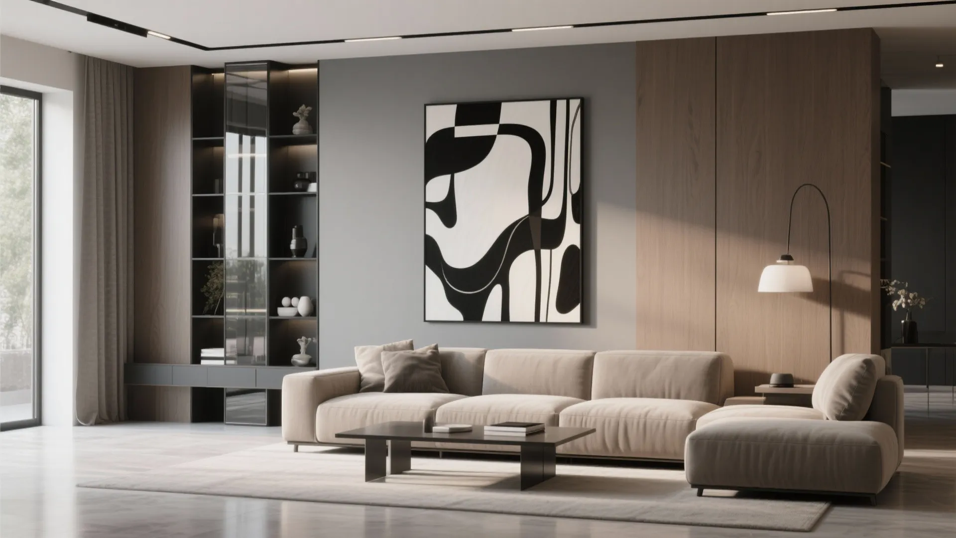 Modern living room featuring beige sofa black coffee table abstract painting and wood wall panels