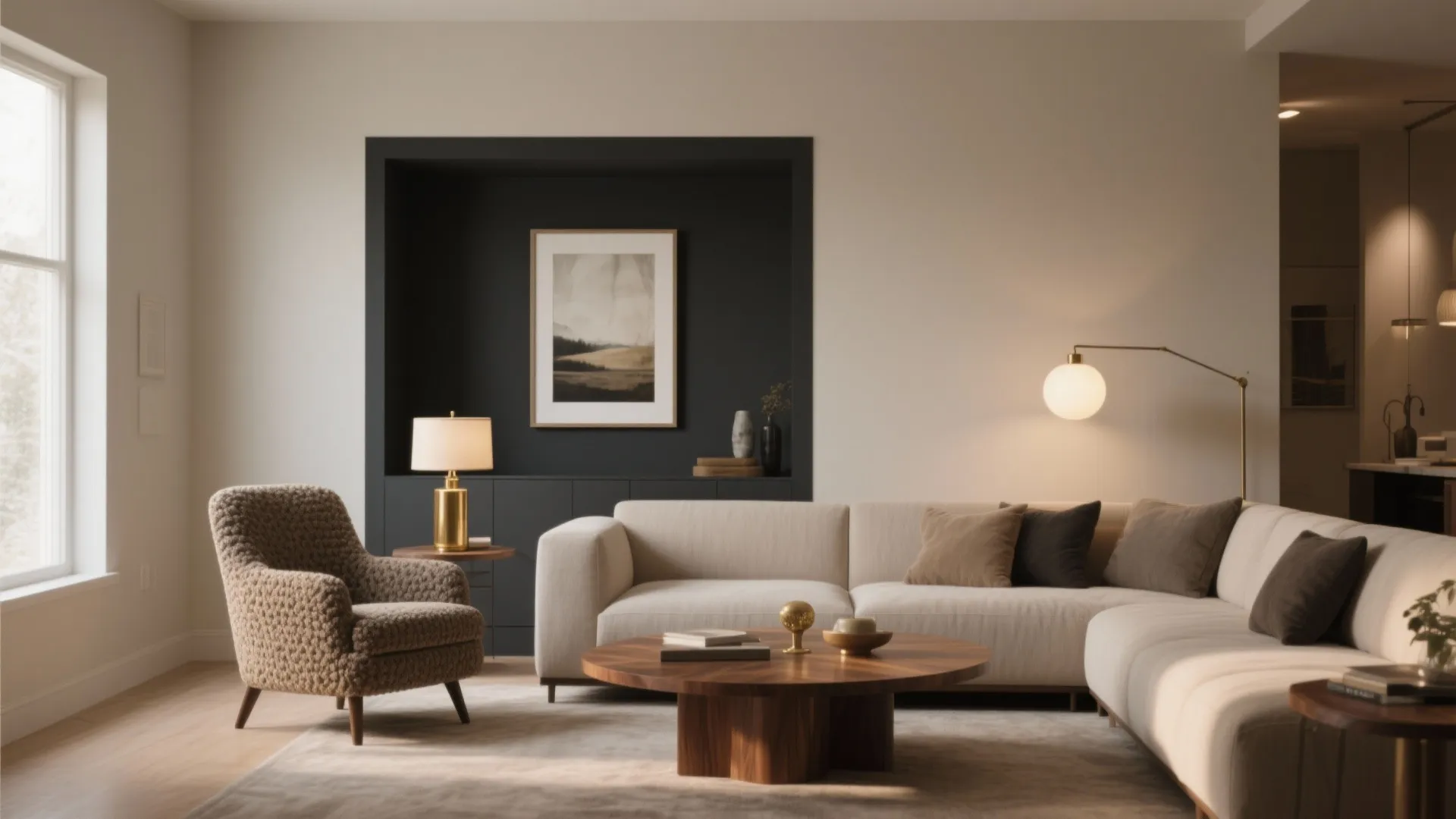 Living room featuring greige walls, charcoal wall niche, cream sofa, brown armchair, and coffee table