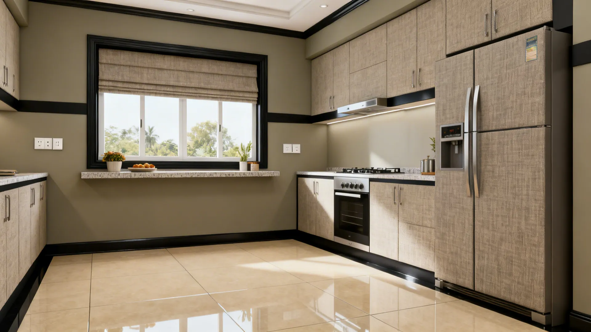 Modern small kitchen with greige walls and a charcoal accent band around the window.