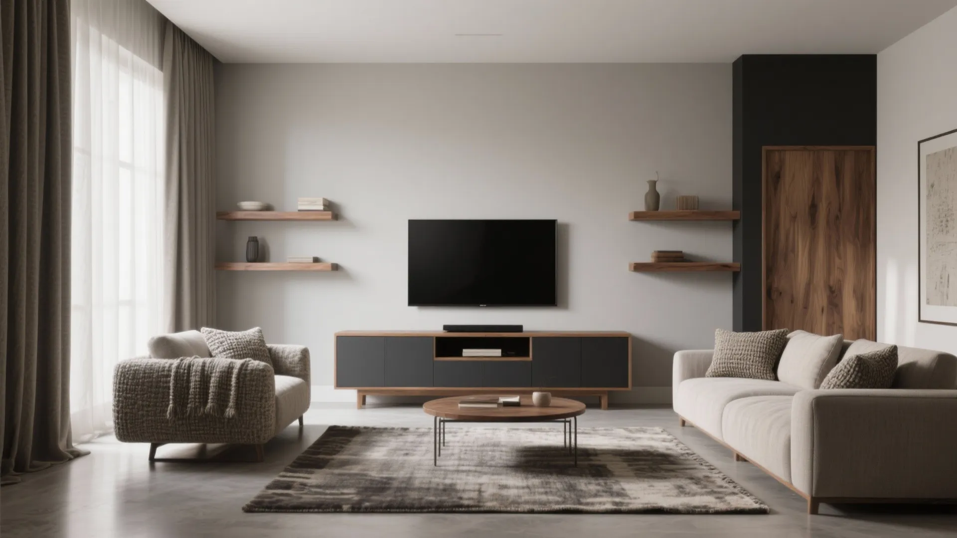 Modern living room featuring grey sofa charcoal cabinet wooden shelves round coffee table and television set