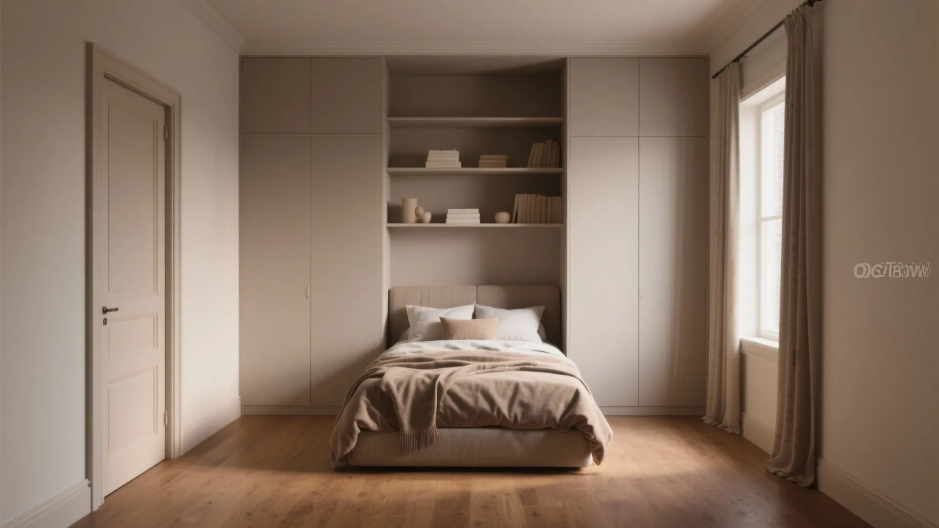 Minimalist greige bedroom with built in cabinet around bed wooden floor and white window curtains