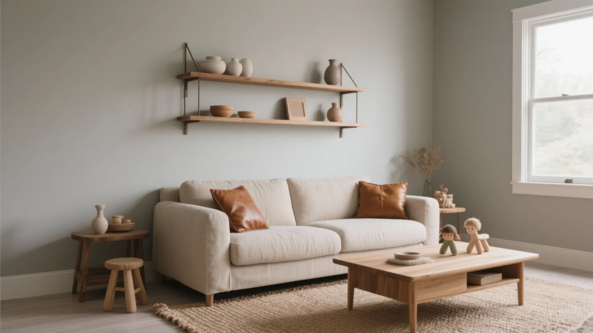 Cozy living room featuring beige sofa brown pillows wooden coffee table wall shelves and natural light