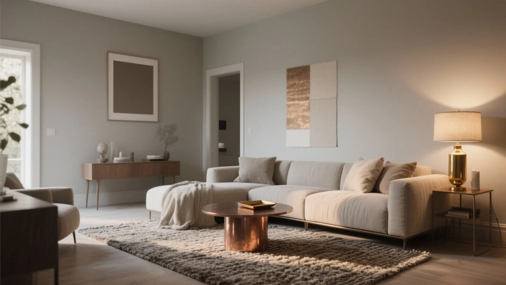 Modern living room with beige sofa copper coffee table grey rug wooden cabinet and gold lamp
