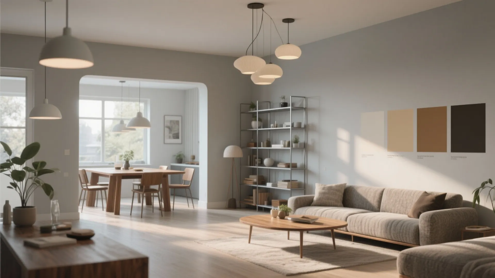 Open-plan living room painted in greige showing how the color ties warm wood and cool metal together.