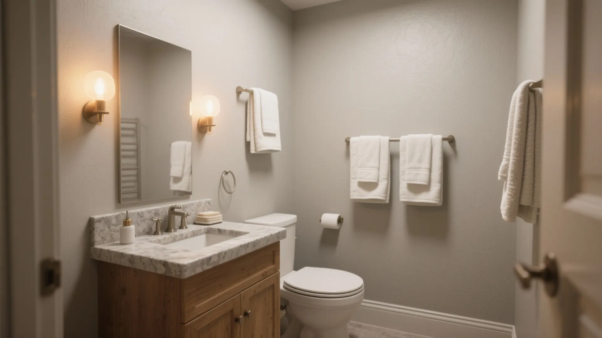 Small guest bathroom in greige with warm stone towels and wood vanity under warm lighting.