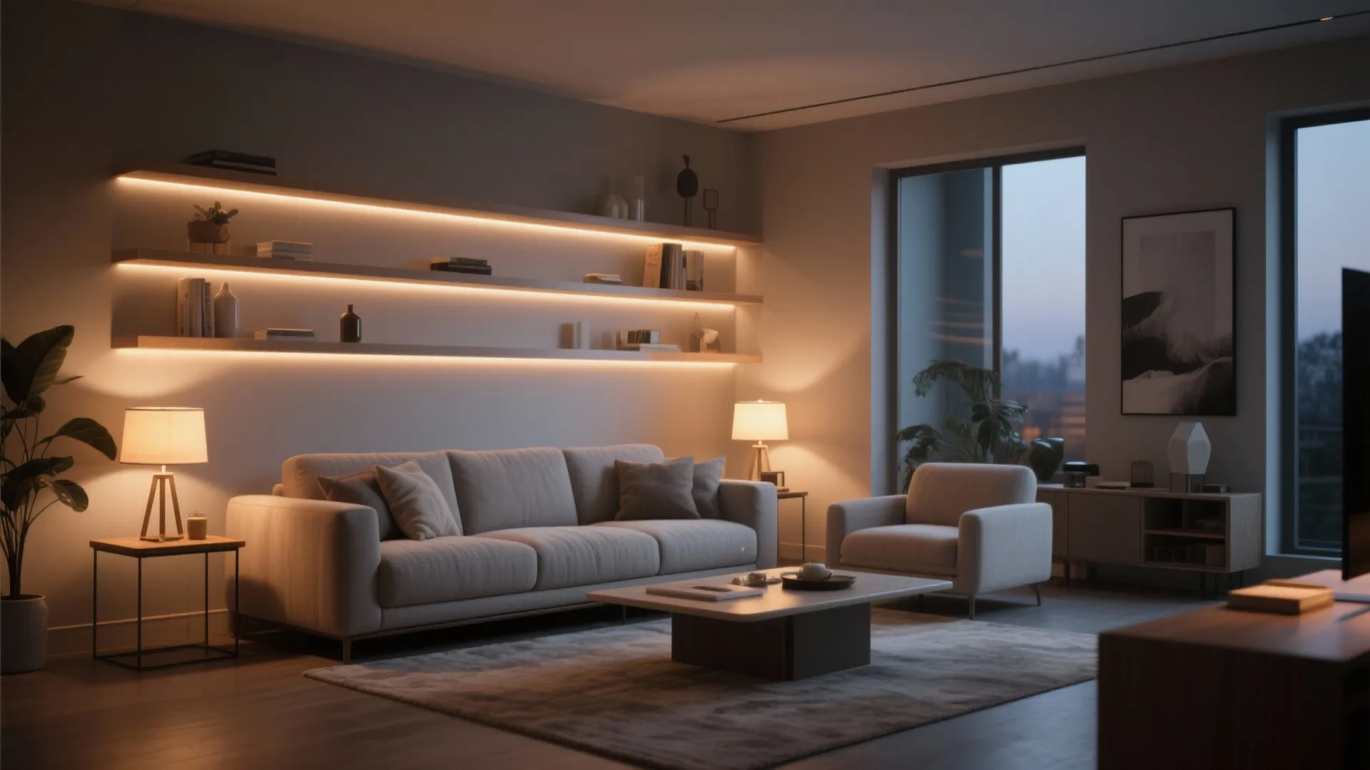 Greige living room with warm layered lighting