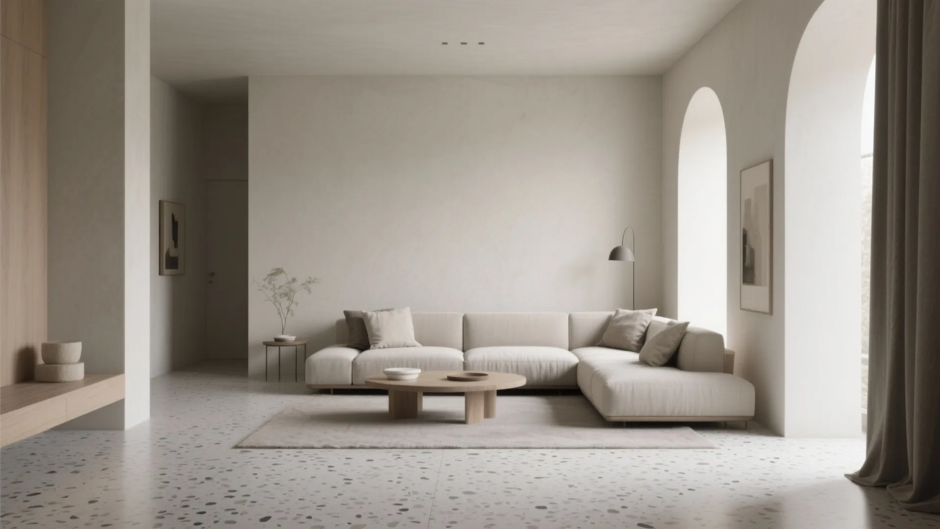 Minimalist living room with beige sofa wooden coffee table arched windows and grey stone tile floor