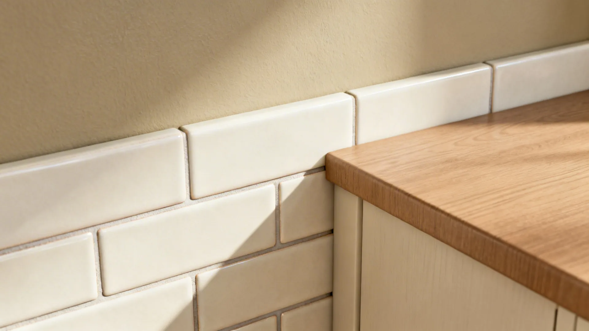 Cream wall tiles meeting a wooden countertop next to beige wall with soft window shadows