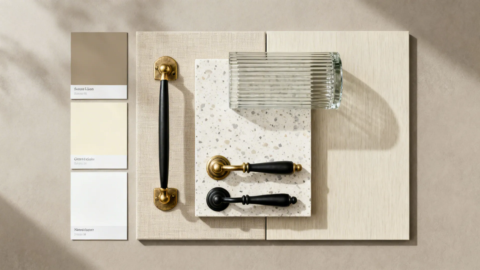 Top-down material board with greige and cream swatches, terrazzo, and hardware