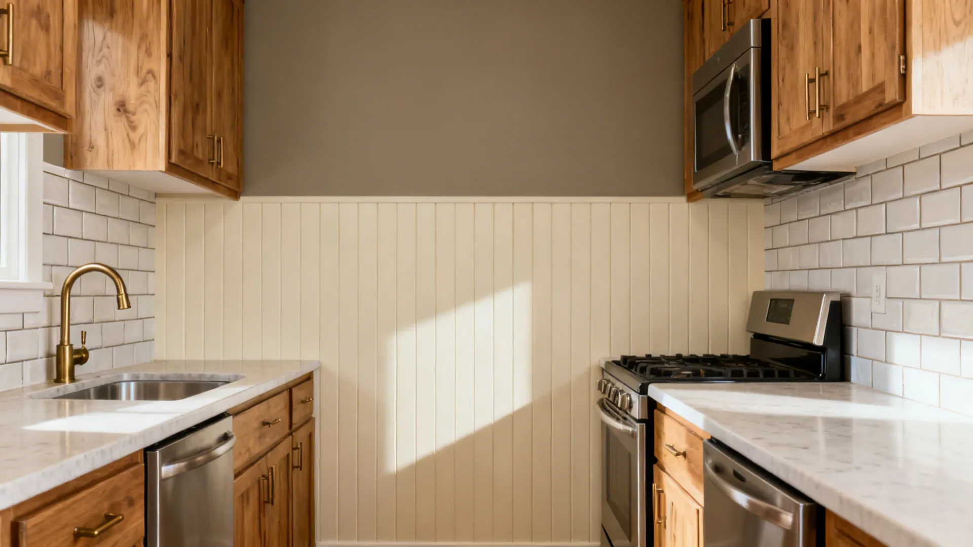 Kitchen interior with wood cabinets white wall panel white tile backsplash gas stove and countertop