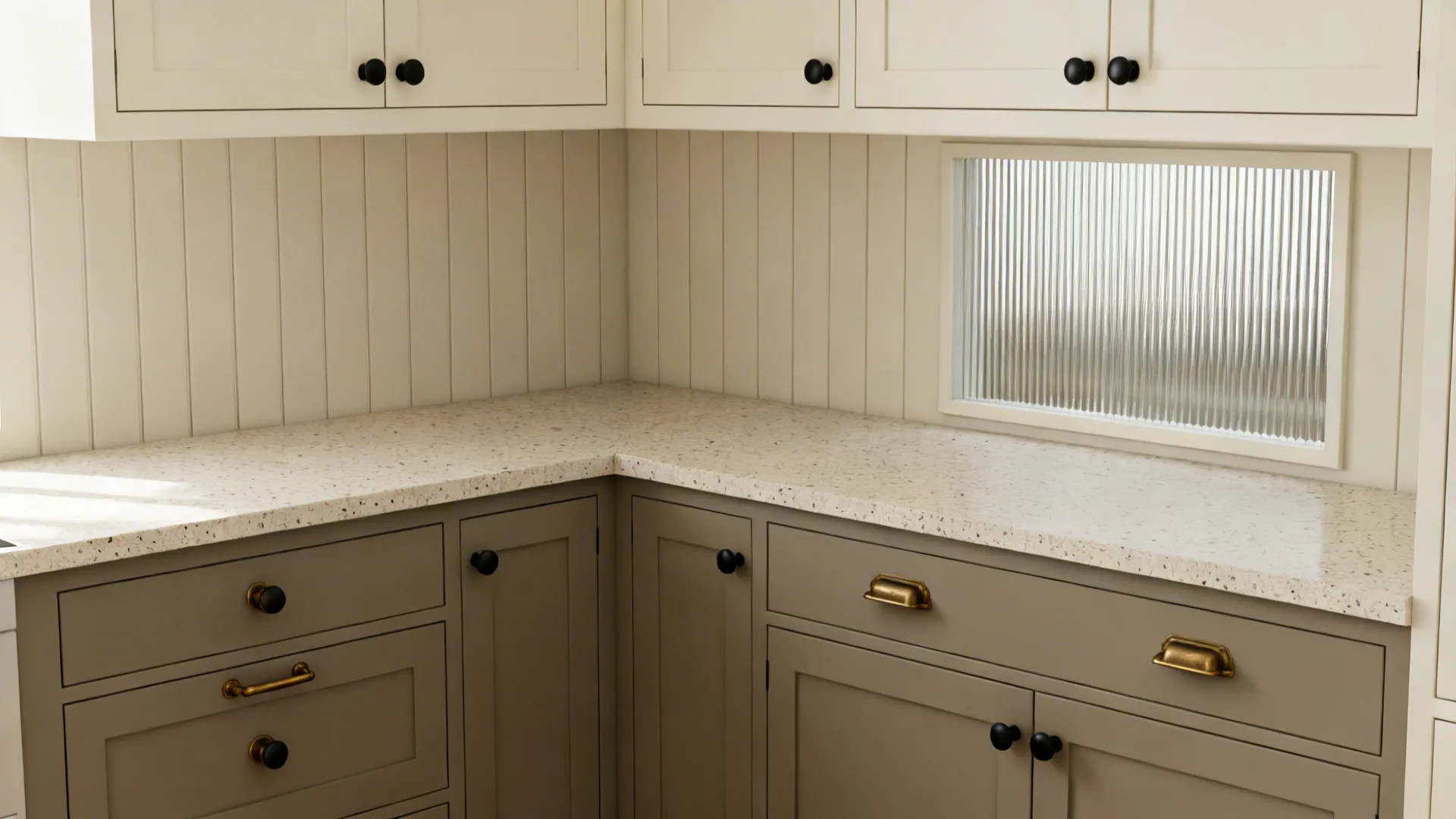 Greige lower cabinets with cream uppers in a minimalist compact kitchen