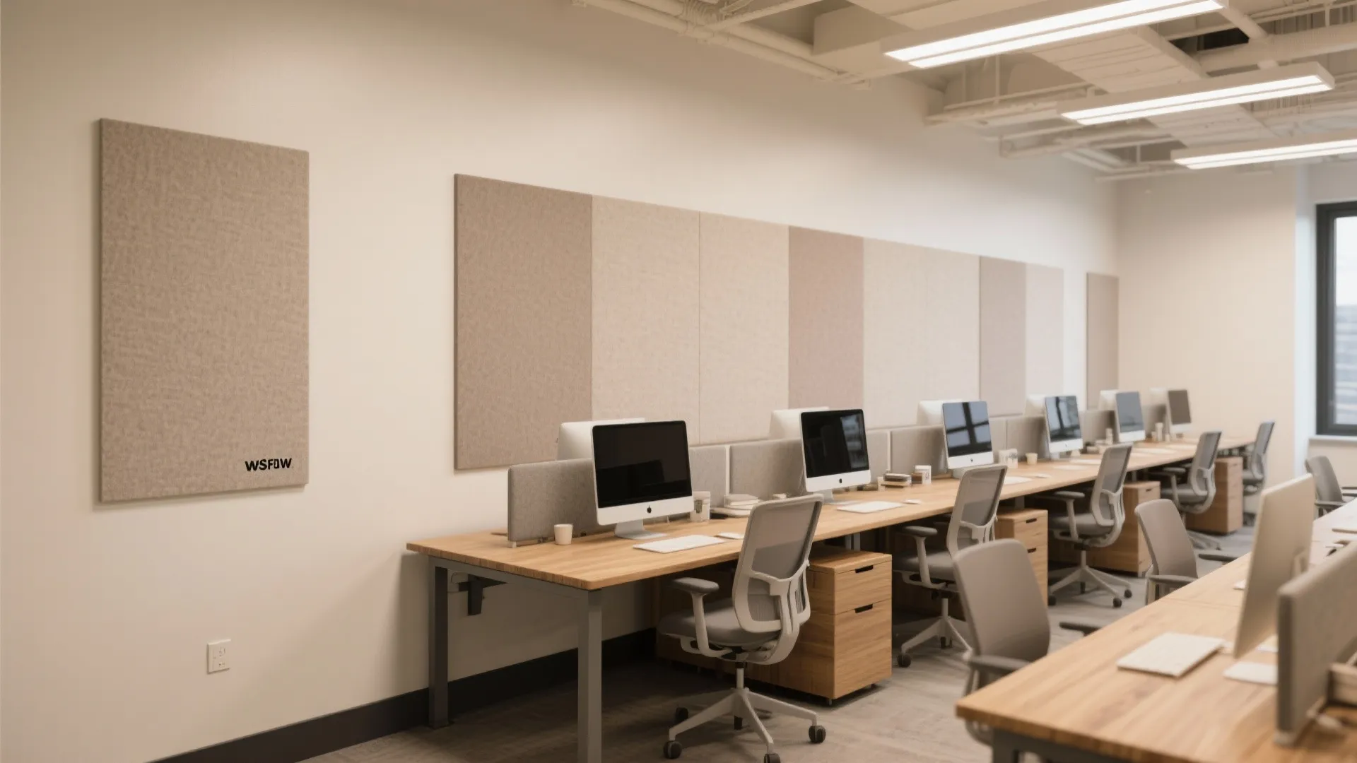 Open office workspace featuring long wood desks with computers grey chairs and decorative wall panels