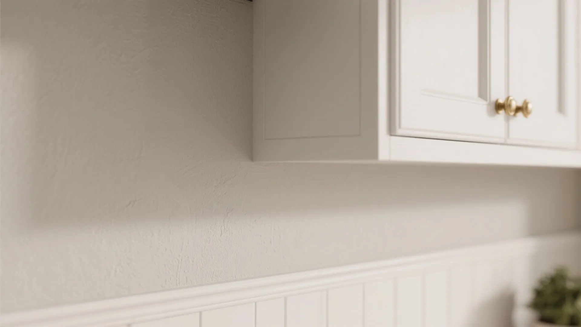 Close up of beige textured wall with white kitchen cabinet and wood panel on bottom