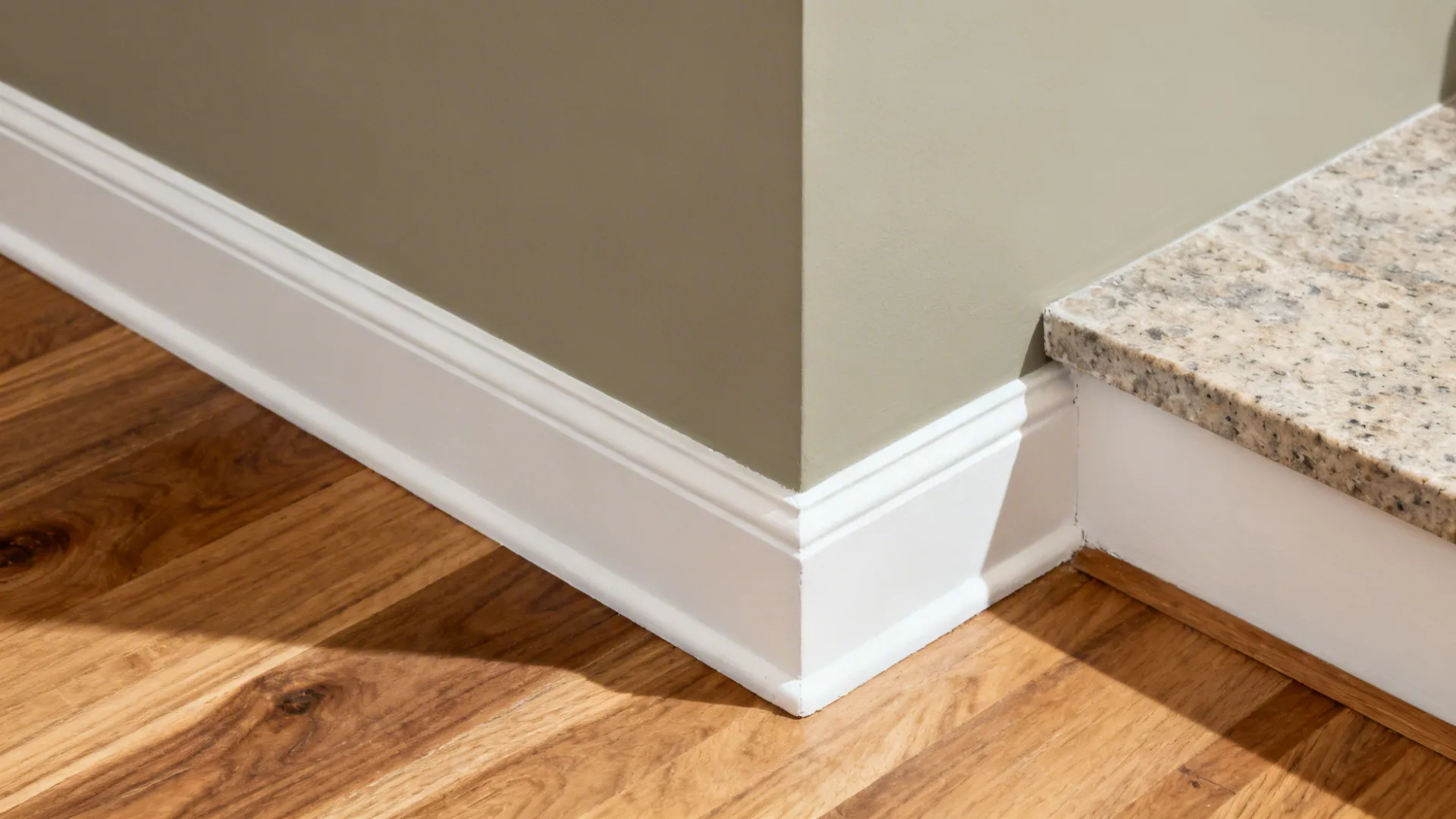 Macro of greige wall with white trim and oak floor, showing subtle undertones.