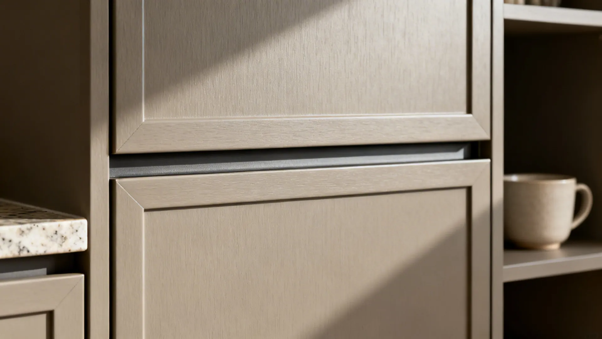 Macro of a matte greige cabinet door with anti-fingerprint finish and concealed rail detail.