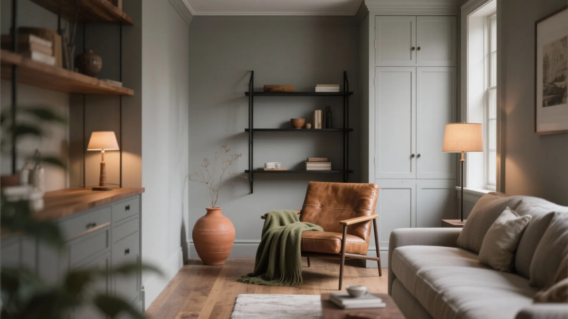 Cozy living room with grey walls leather sofa wood floor open shelves and warm lamp lighting