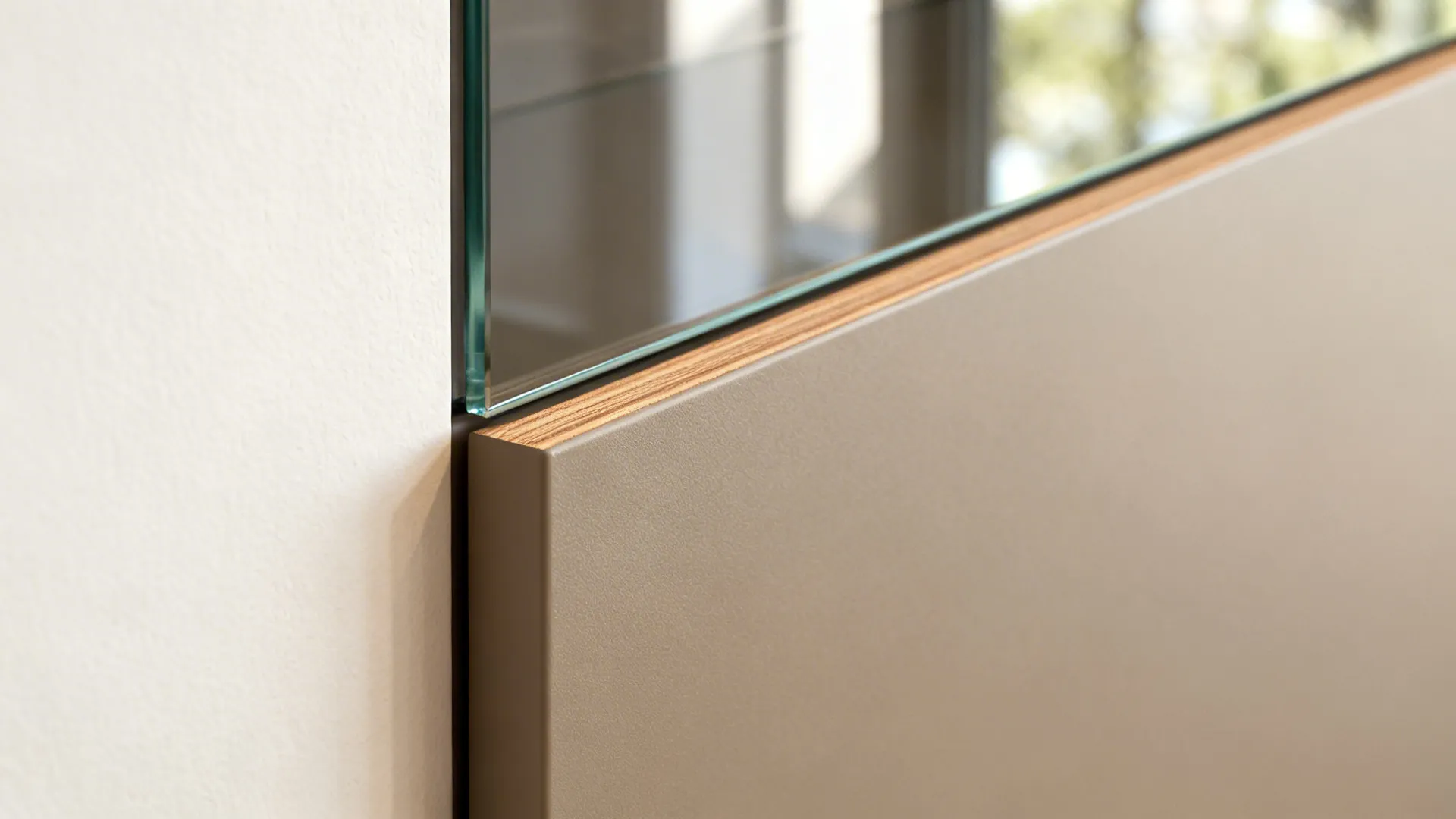 Macro of greige Sunmica door edge with premium edge banding in soft daylight.