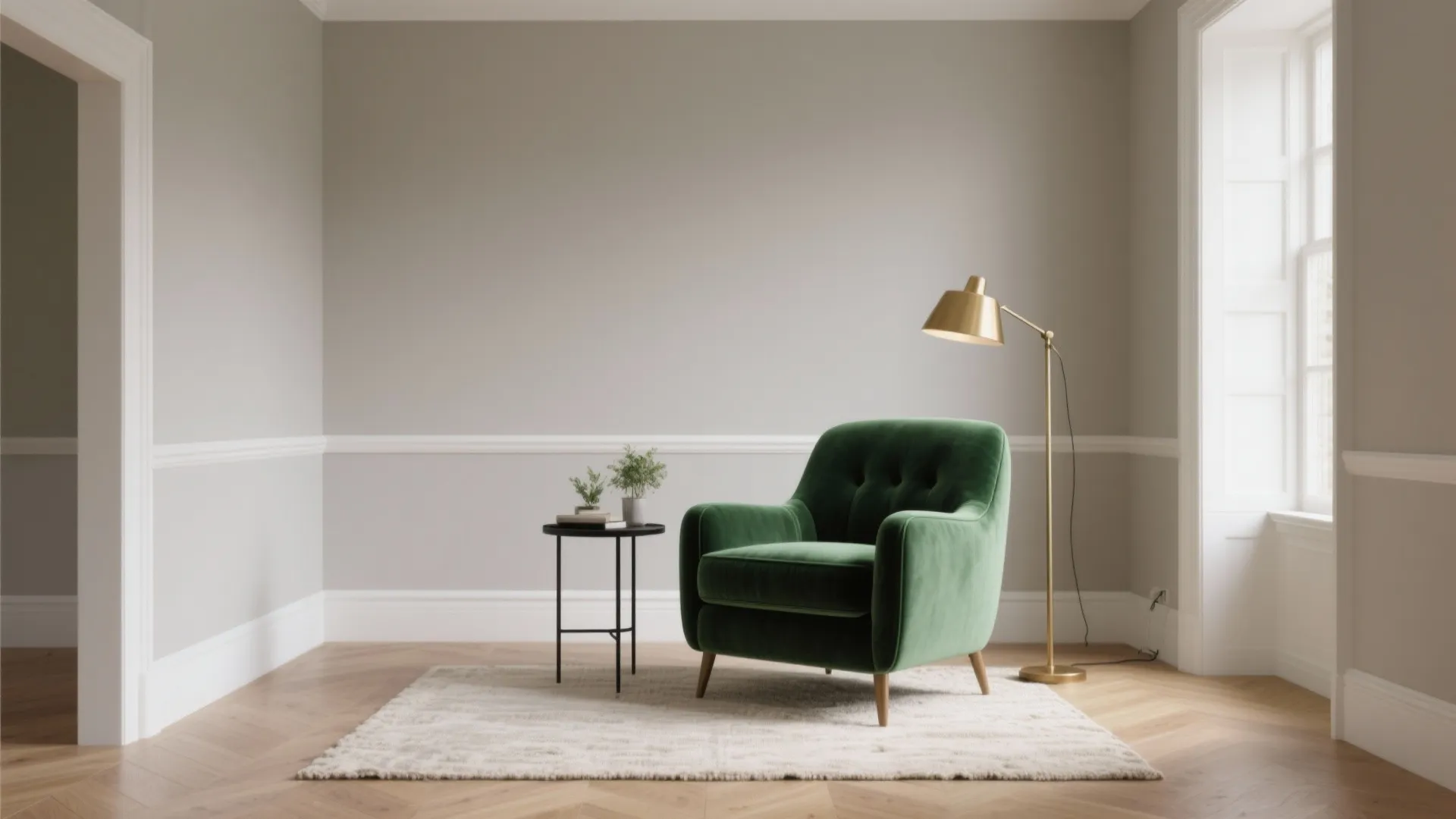 Soft Greige + Emerald: Calm base, striking focal