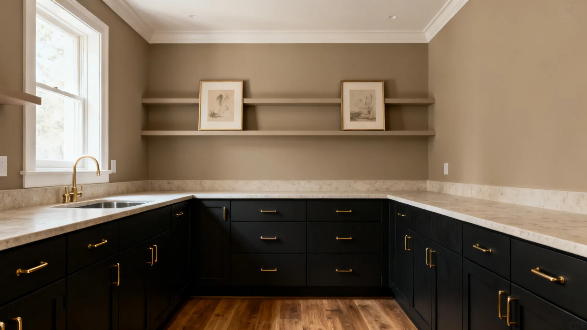 Espresso cabinets paired with warm greige walls and light counters in a compact kitchen.