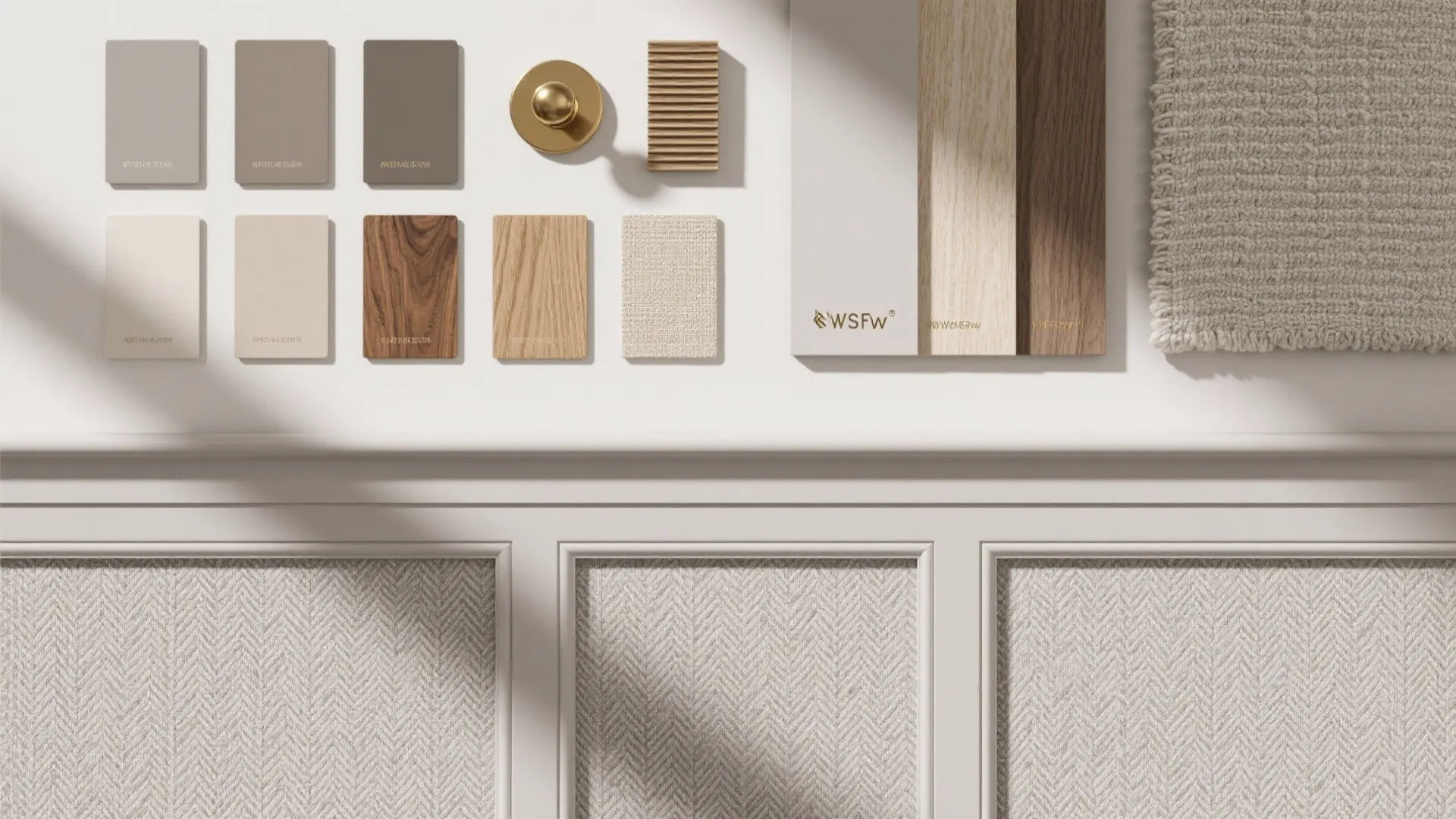 Material samples flat lay including wood swatches fabric pieces and herringbone patterned textured white panel