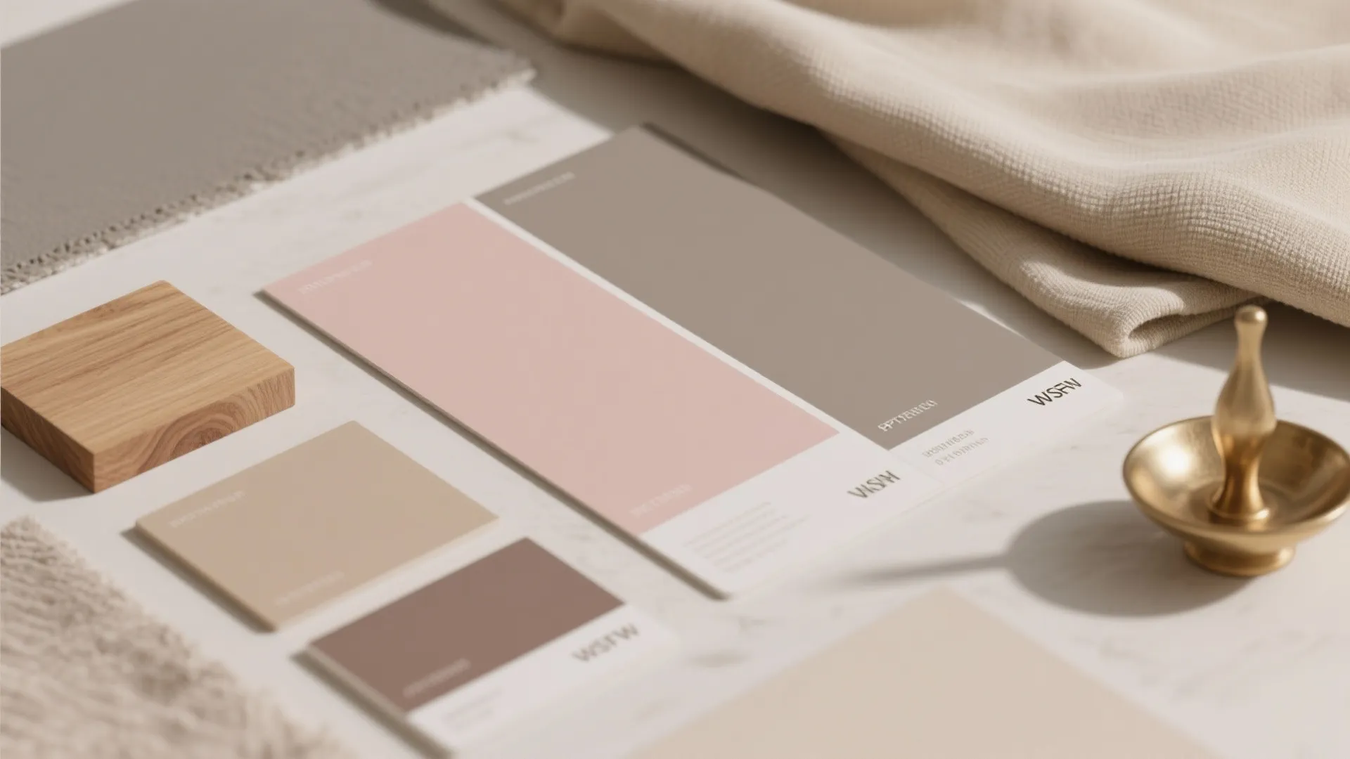 Interior design mood board with pink and grey color swatches fabric samples and wood block