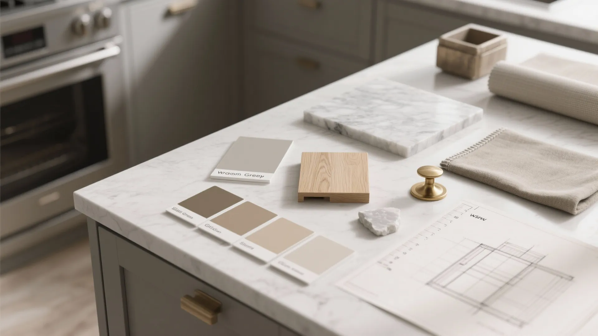 Top-down palette of greige paint swatches, wood sample, countertop chip and hardware for versatile design.