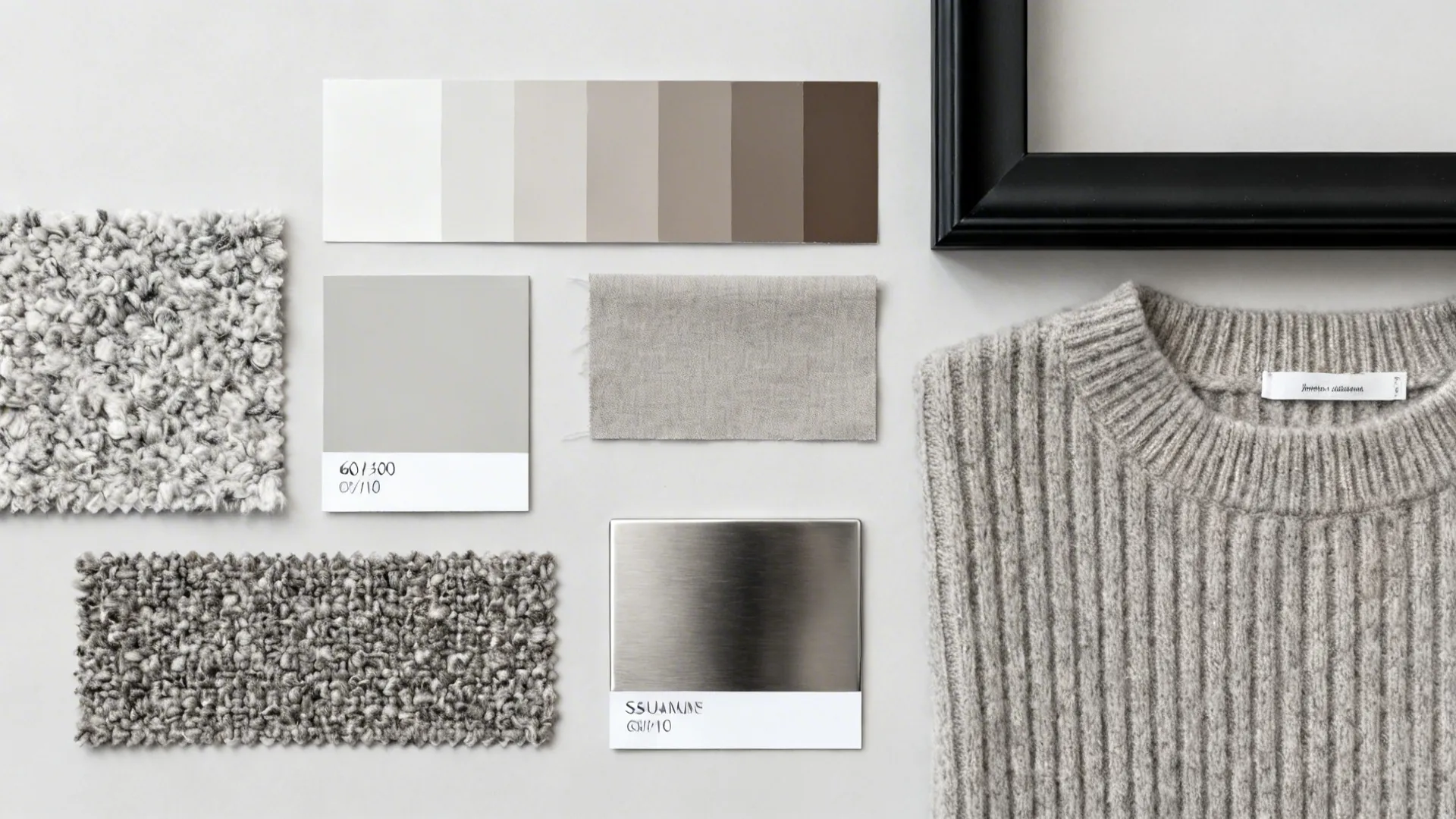 Flatlay of greige, taupe, mocha paint chips with boucle and ribbed wool fabrics and matte black accent.