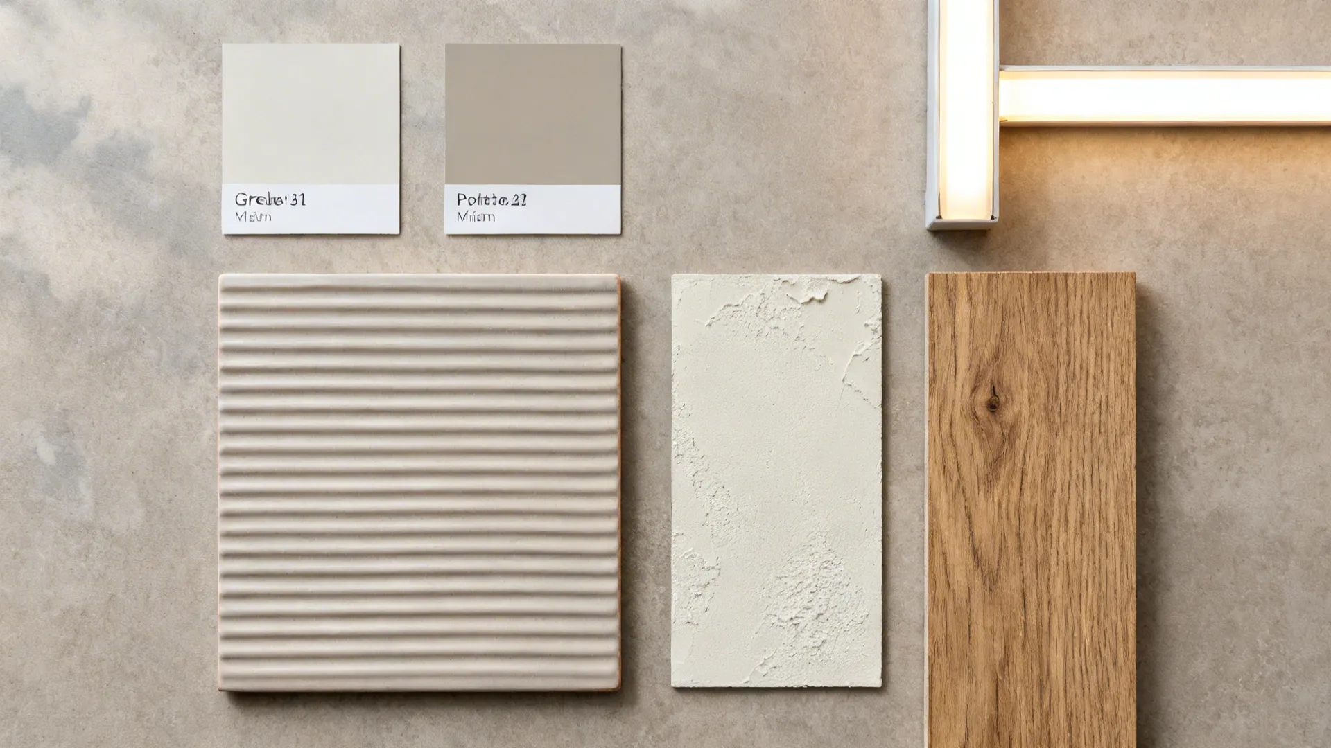 Flat lay of greige paints, ribbed tile, plaster finish, oak veneer, and warm LED.