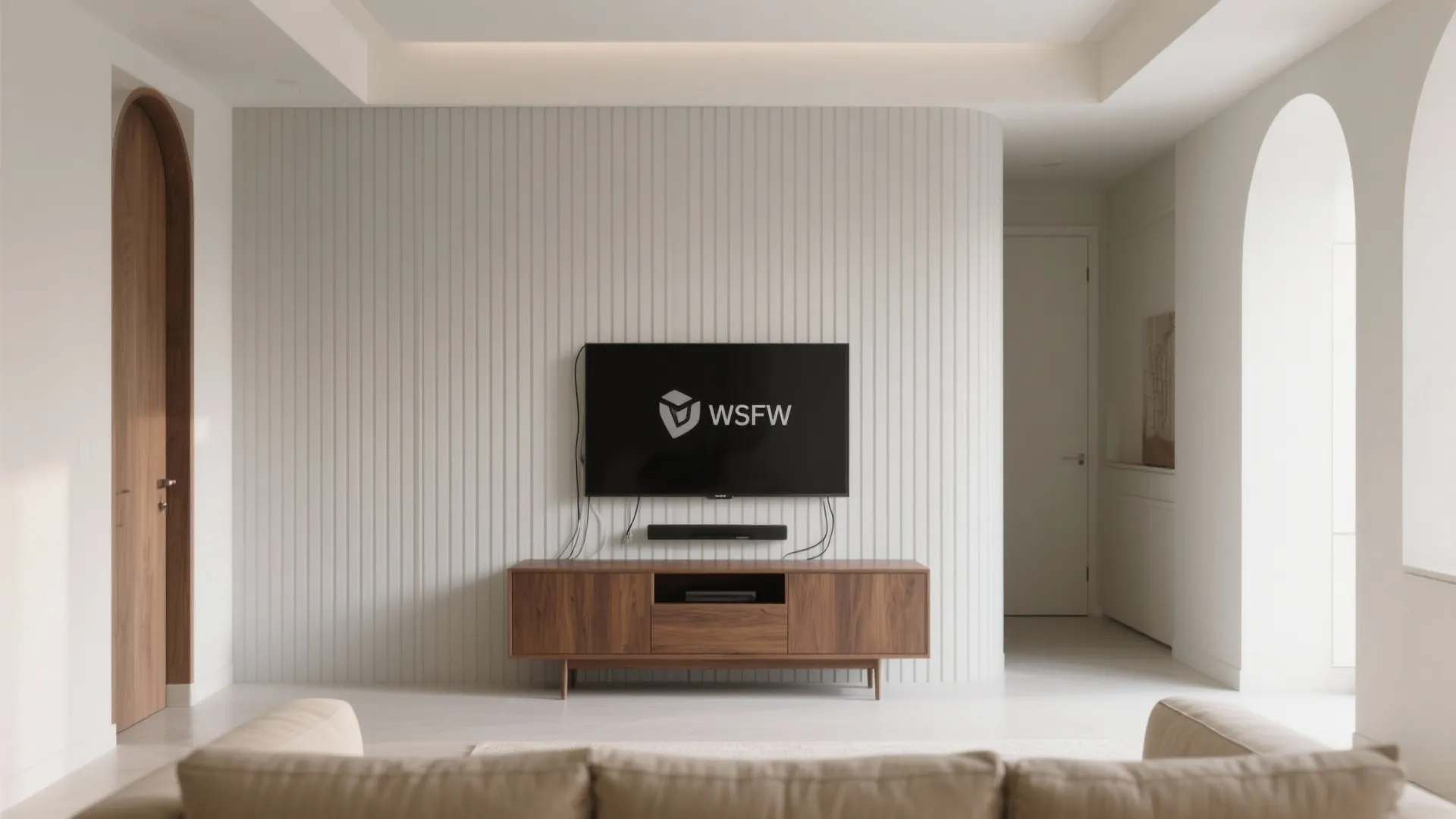 Calm Greige Fluted Texture Around the TV