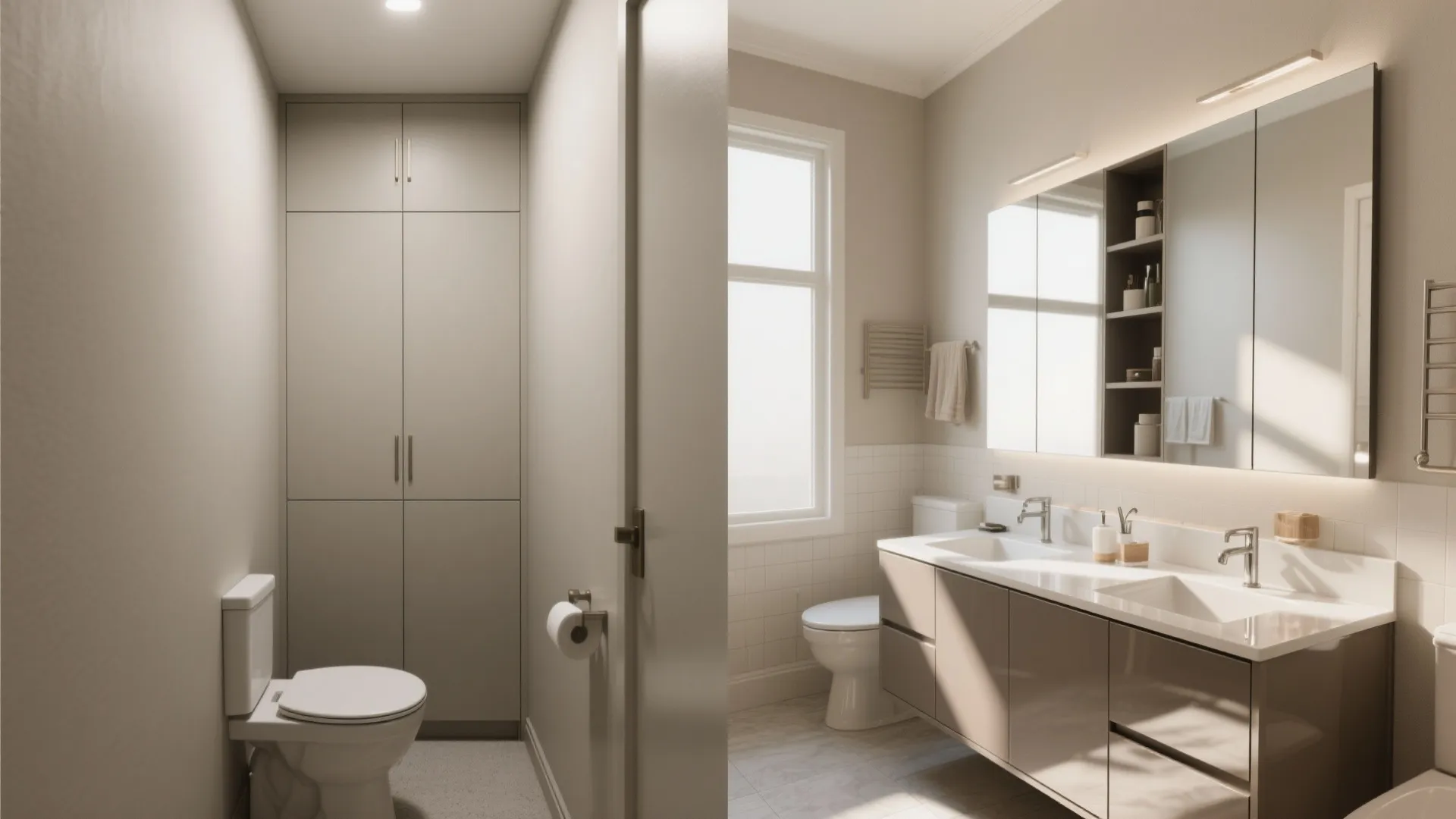 Before and after interior design drawing comparison showing a small toilet versus a double sink