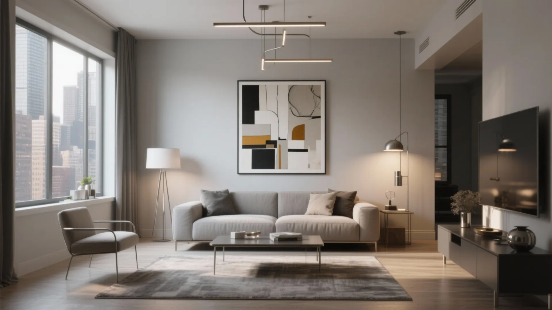 Modern living room with grey sofa and coffee table plus abstract wall art and windows
