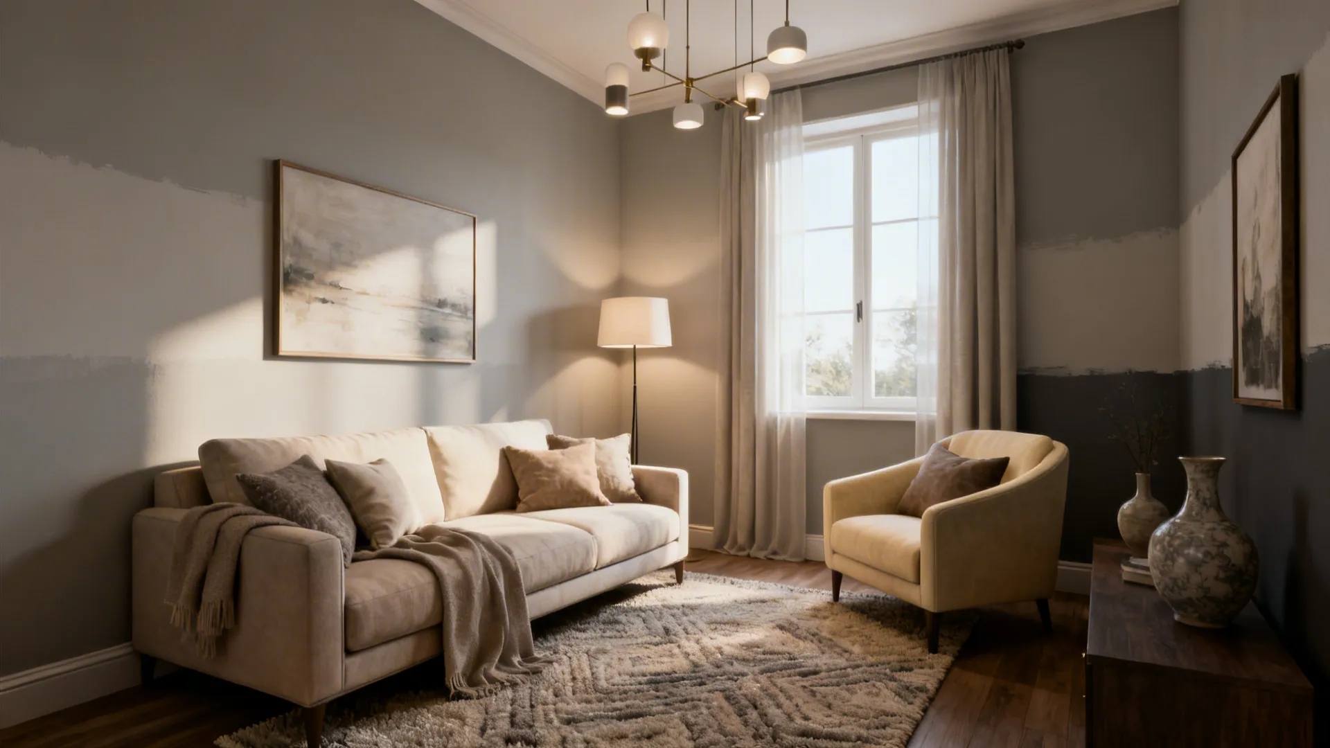 Small living room with a subtle greige wall gradient from window to corner, creating depth and flow.