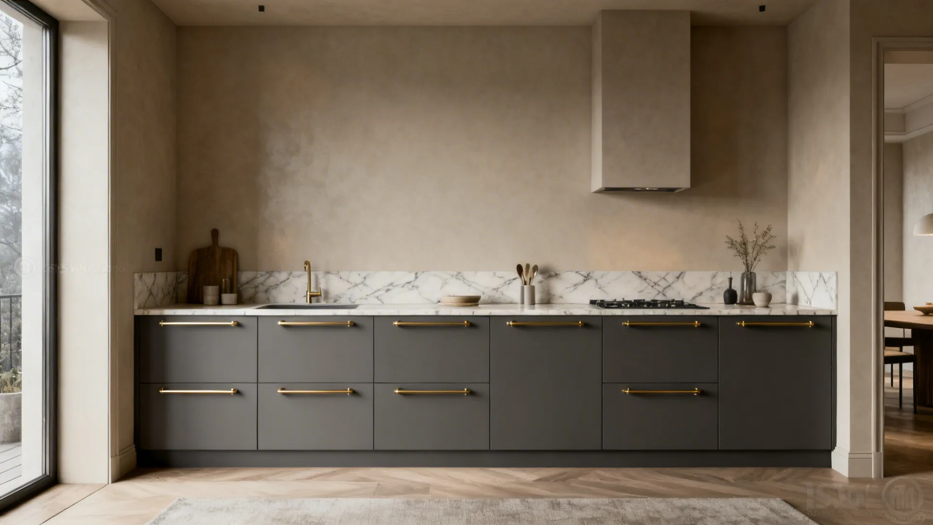 2) Greige + Graphite + Brass (Quiet Luxury Contrast)