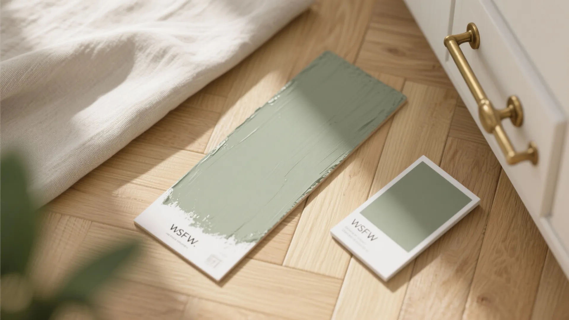 Green paint sample on wooden floor next to white cabinet with gold handle and cloth