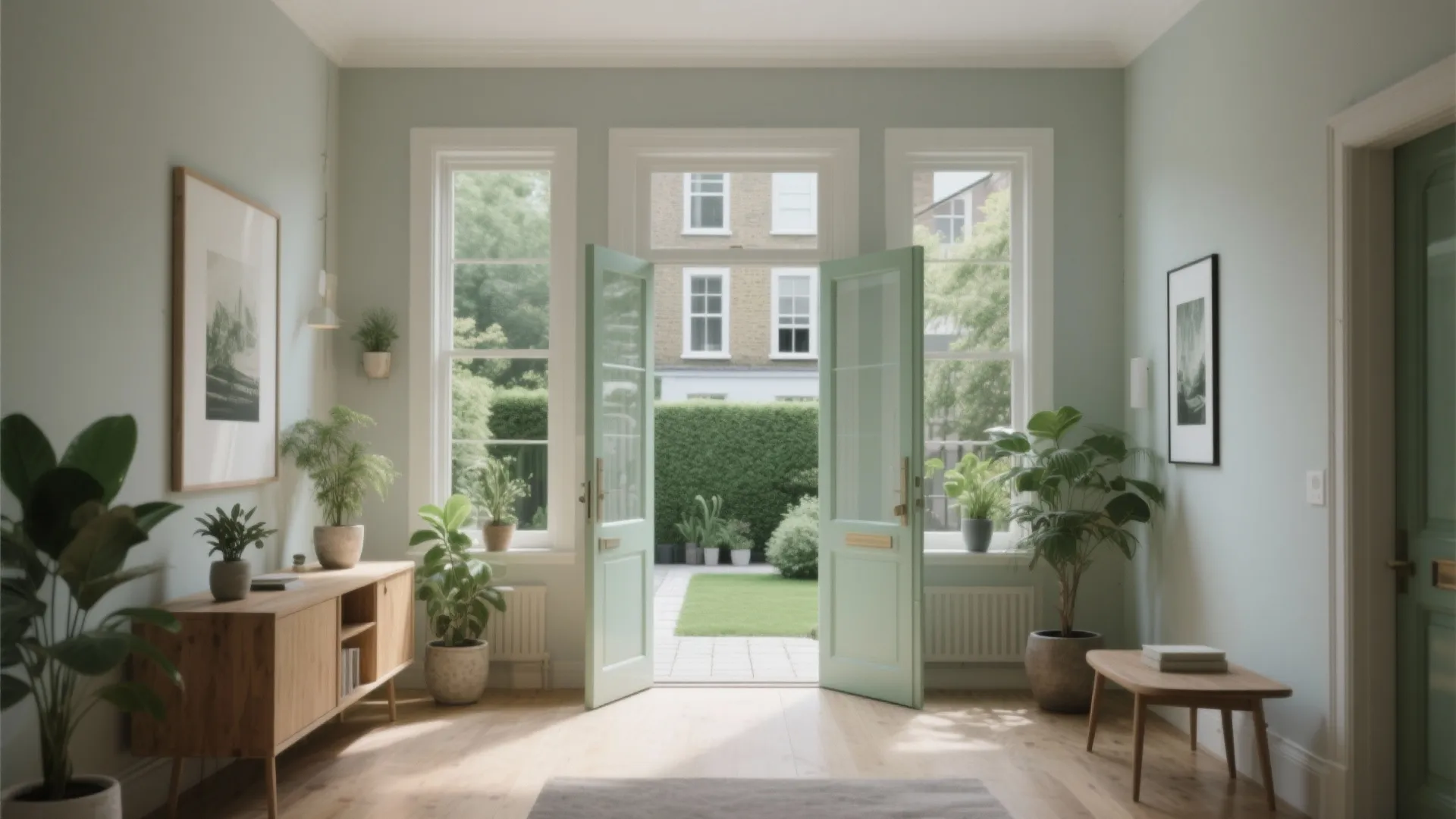 Townhouse interior in pale greige with a green undertone connecting visually to a courtyard and natural timbers.