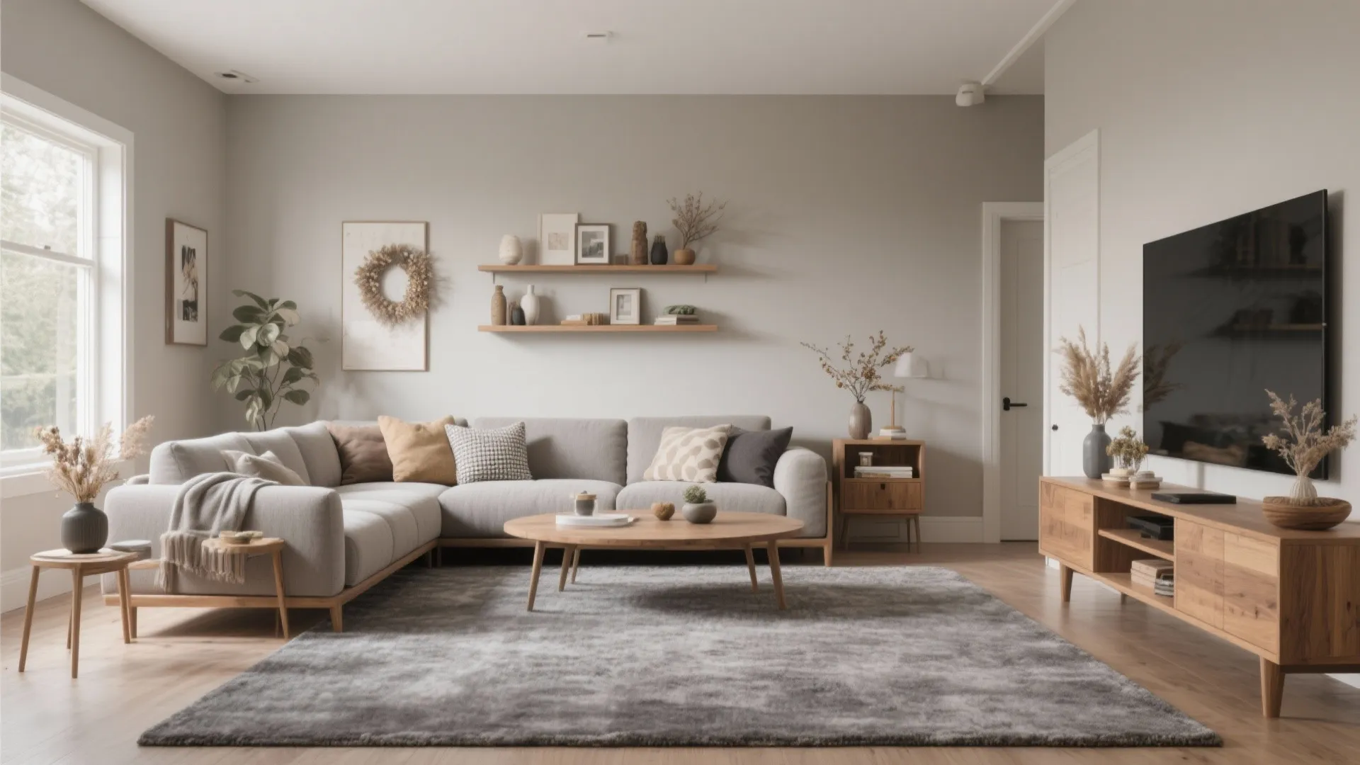 Living room with greige walls, grey carpet and wooden accents
