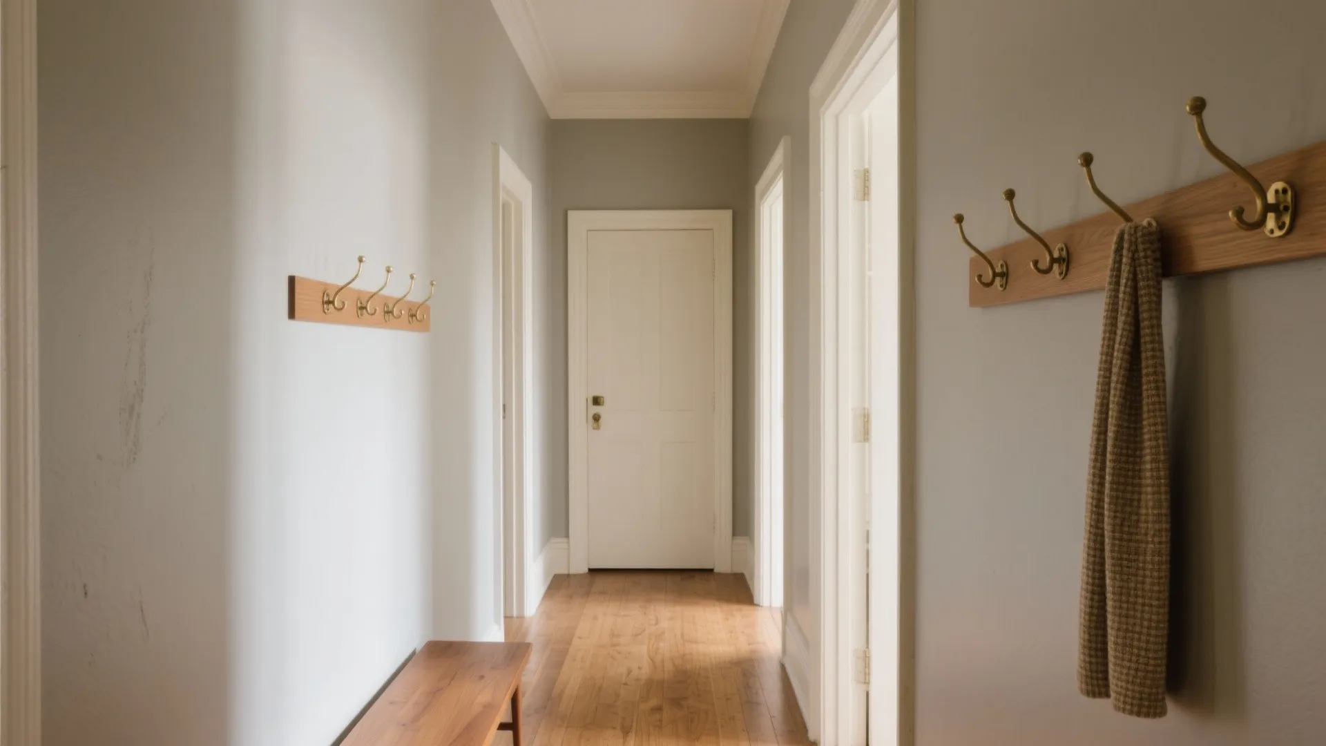 Grey hallway featuring wooden wall hooks, hanging brown towel, wooden bench, white door, and floor