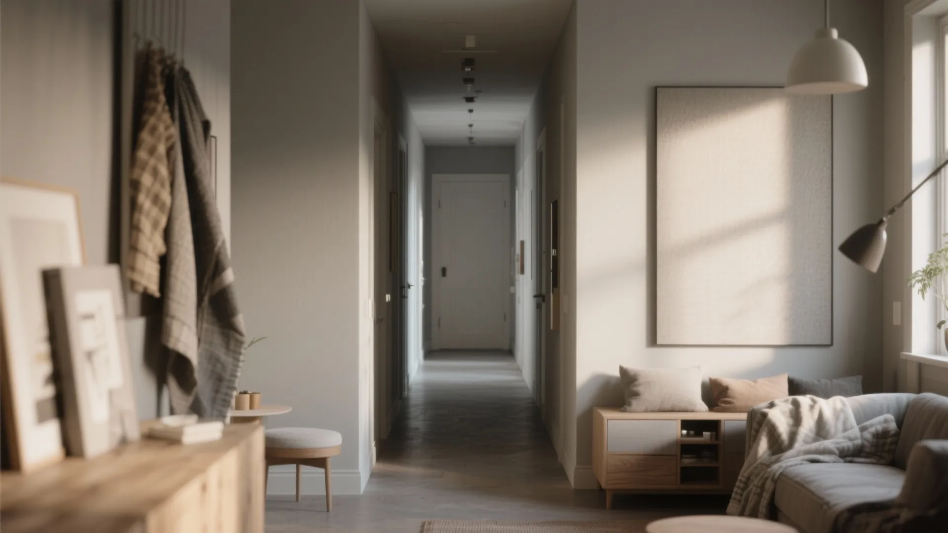 Minimalist hallway view from living room with wooden cabinet ceiling light and neutral wall art decor