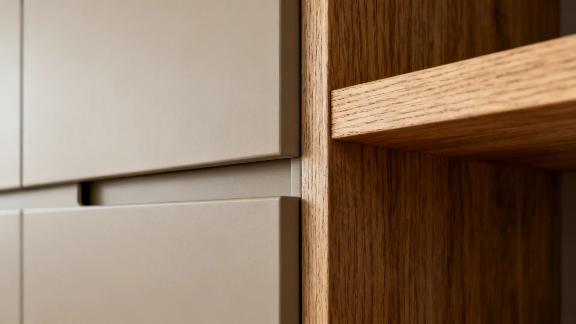 Macro of matte greige handleless cabinet and warm wood shelf edge with fine grain.