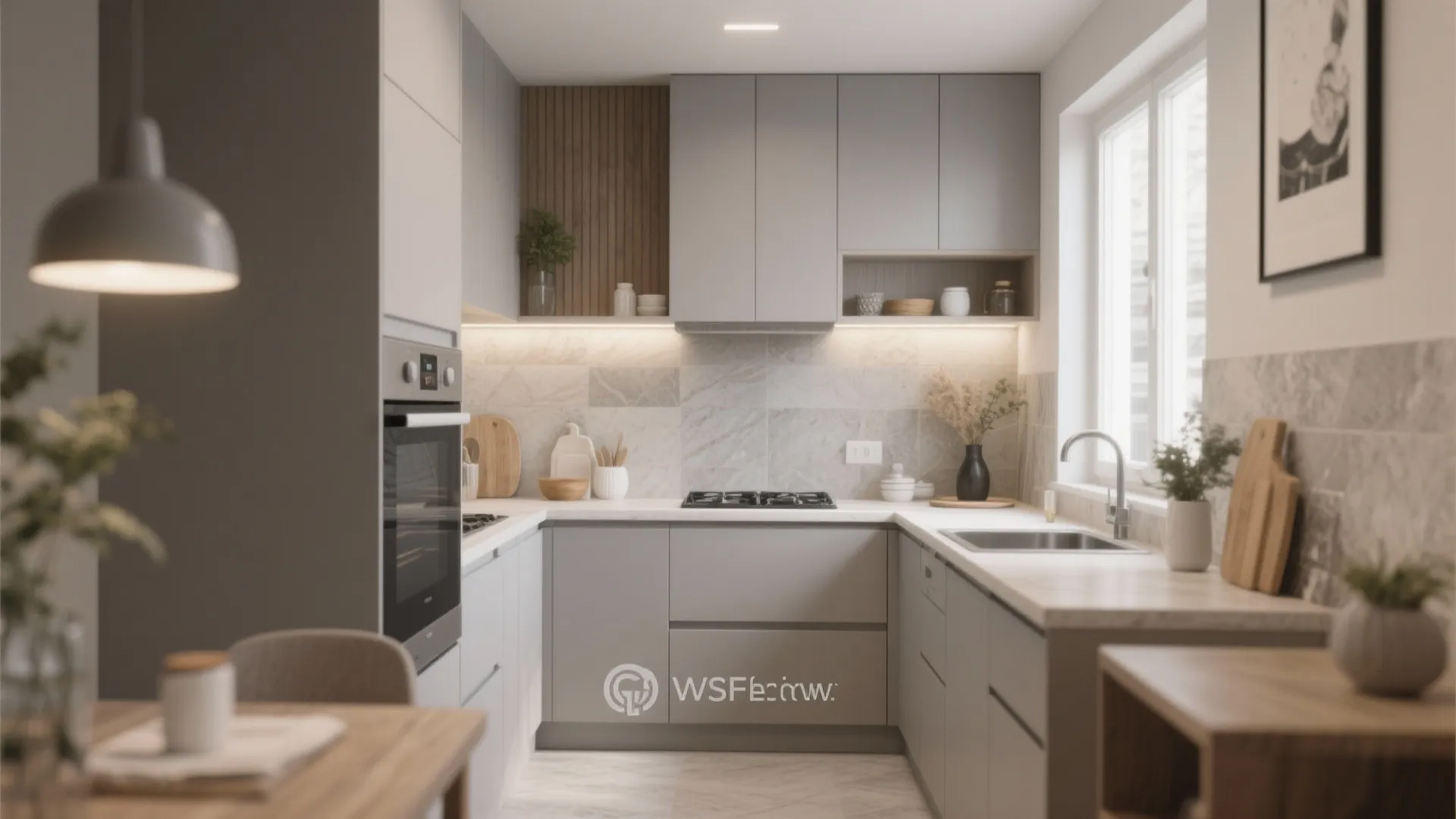 Small kitchen with greige cabinetry and neutral decor