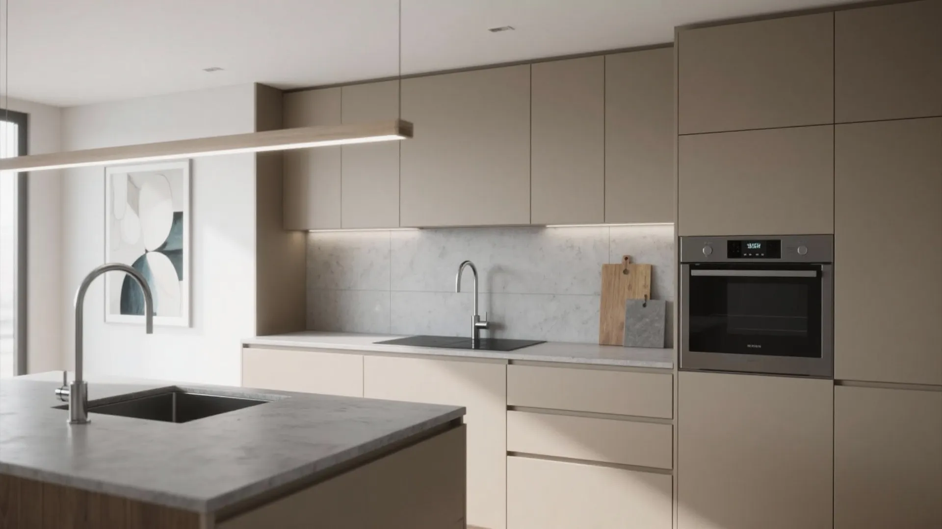Modern kitchen with tan cabinets marble backsplash sink wood island long light fixture and oven