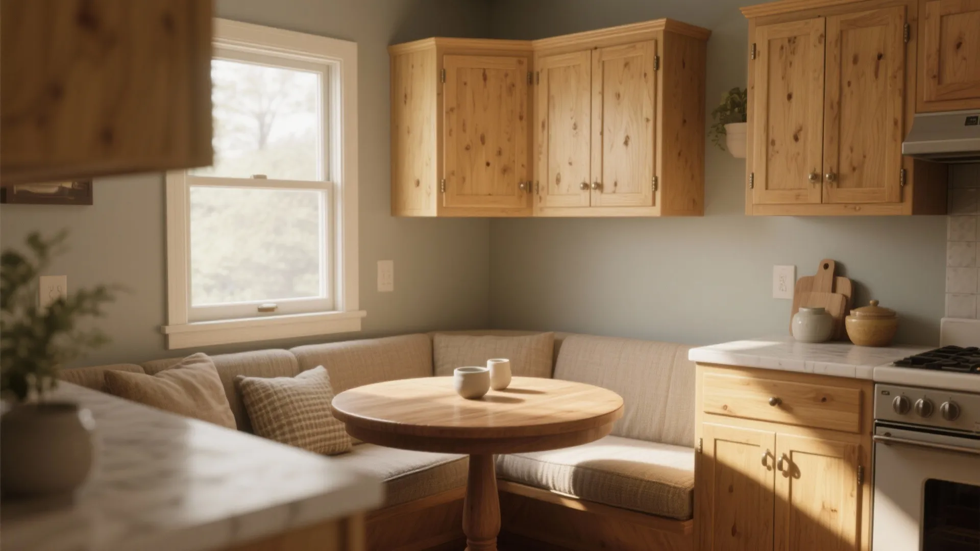 Small dining area with built in sofa seating round wooden table light wood cabinets and window