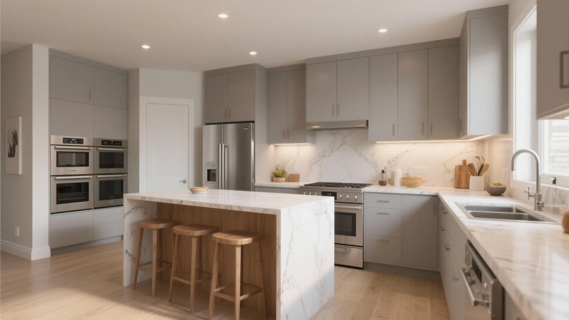 Modern grey kitchen featuring white marble island and wooden stools with built in silver appliances
