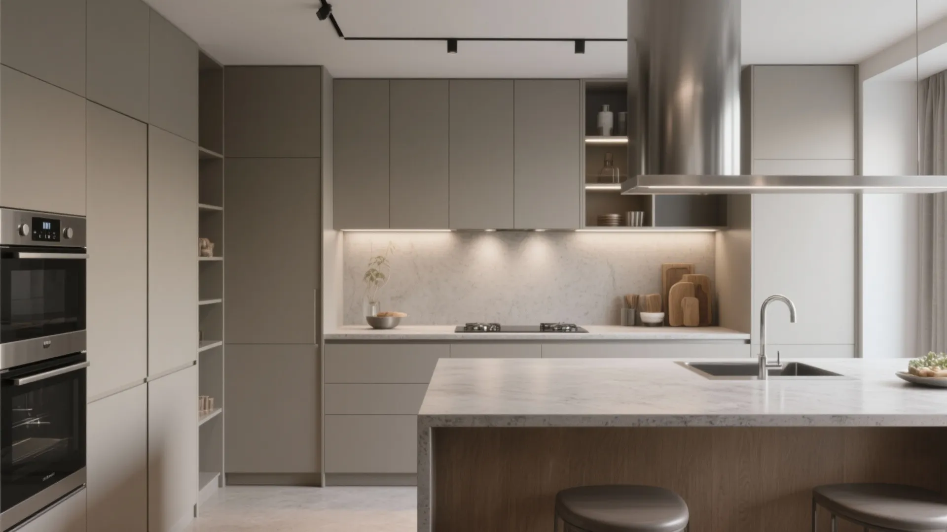 Modern kitchen with greige cabinets, concrete countertop and cool metal finishes