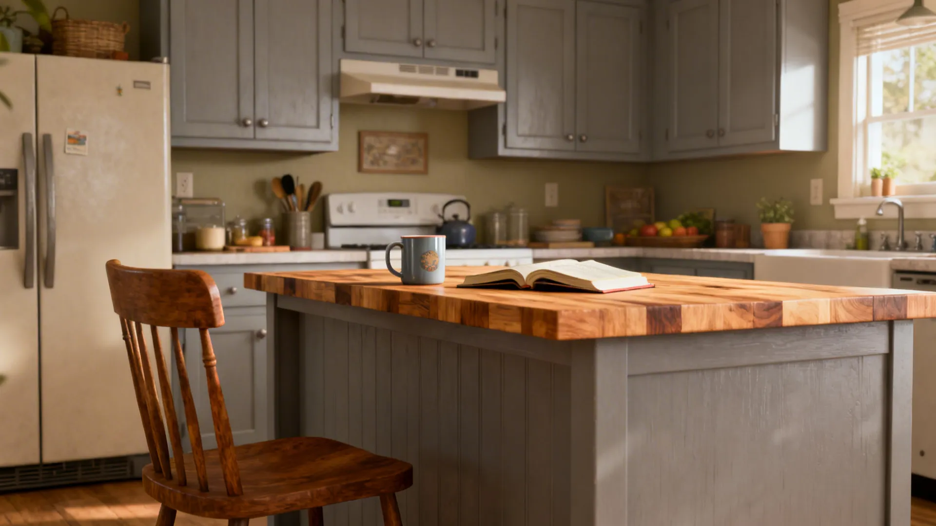 Cozy kitchen with light gray cabinets and warm greige walls with wood accents.