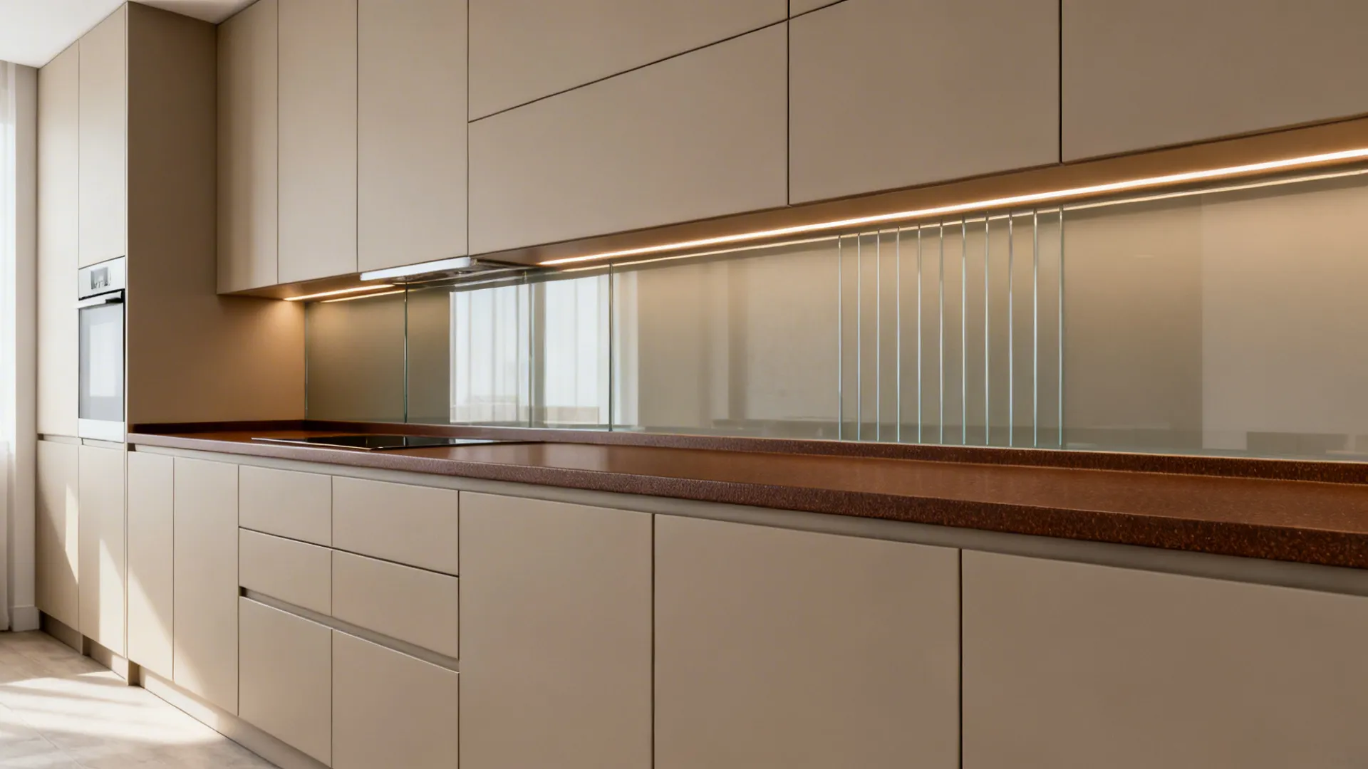 Greige slab cabinets with chocolate-brown laminate counters in a bright galley kitchen.